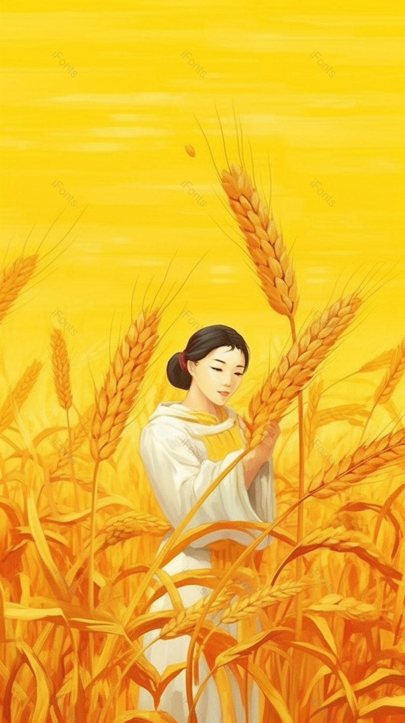 女孩观察麦田麦穗稻谷金色的麦田节气芒种,插画/手绘图,插画/手绘图库,插画/手绘图下载,插画/手绘